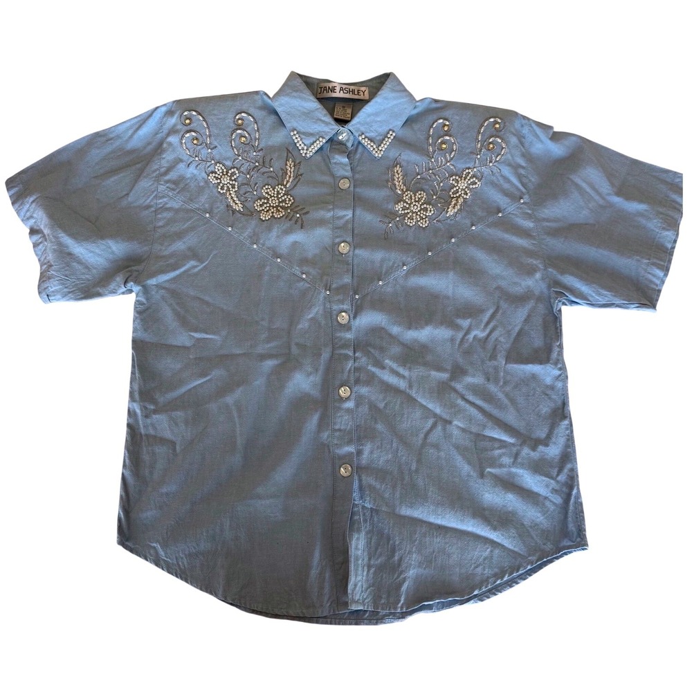 Jane Ashley‎ Vintage Western Shirt Floral Pearl Embroidered Padded Shoulders Med